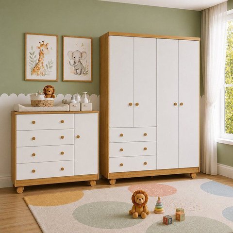 Quarto de Bebê Guarda-Roupa 4 Portas e Cômoda 4 Gavetas Levy 100% MDF Branco/Amêndoa Espresso Mó