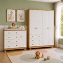 Ver imagem 1 de Quarto de Bebê Guarda-Roupa 4 Portas e Cômoda 4 Gavetas Levy 100% MDF Branco/Amêndoa Espresso Mó
