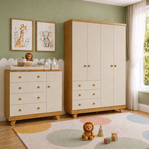 Quarto de Bebê Guarda-Roupa 4 Portas e Cômoda 4 Gavetas Levy 100% MDF Branco/Amêndoa Espresso Móveis