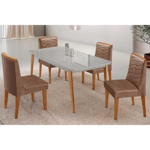 Conjunto Sala de Jantar Havana C/ Tampo Madeirado C/ Vidro Canto Curvo 120x80cm e 4 Cadeiras
