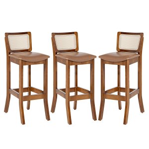 Kit 3 Banquetas Alta em Madeira Imbuia Portugal Estofada Impermeável Caramelo L85 Rmi