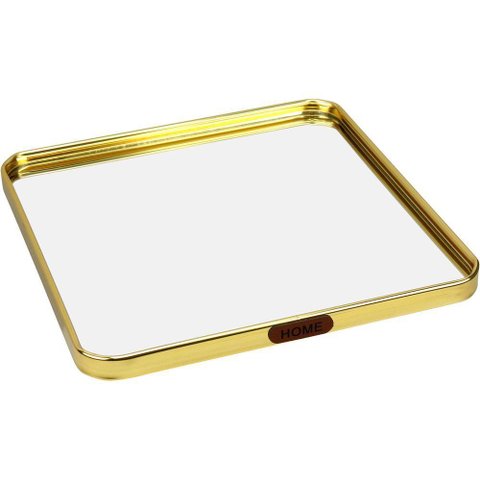 Bandeja Decorativa para Servir Quadrada Home&co com Espelho Metal 1x25x25cm Dourado