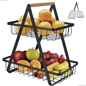 Fruteira Cesto Duplo Organizador Aramado Fruta Legumes Mesa Bancada Cozinha Armario Multiuso Escrito