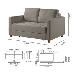Sofa Cama Casal Marcelle 2 Lugares 150cm Linho Pe de Madeira - 3 Sofa Cama Casal Marcelle 2 Lugares 150cm Linho Pe de Madeira - 3