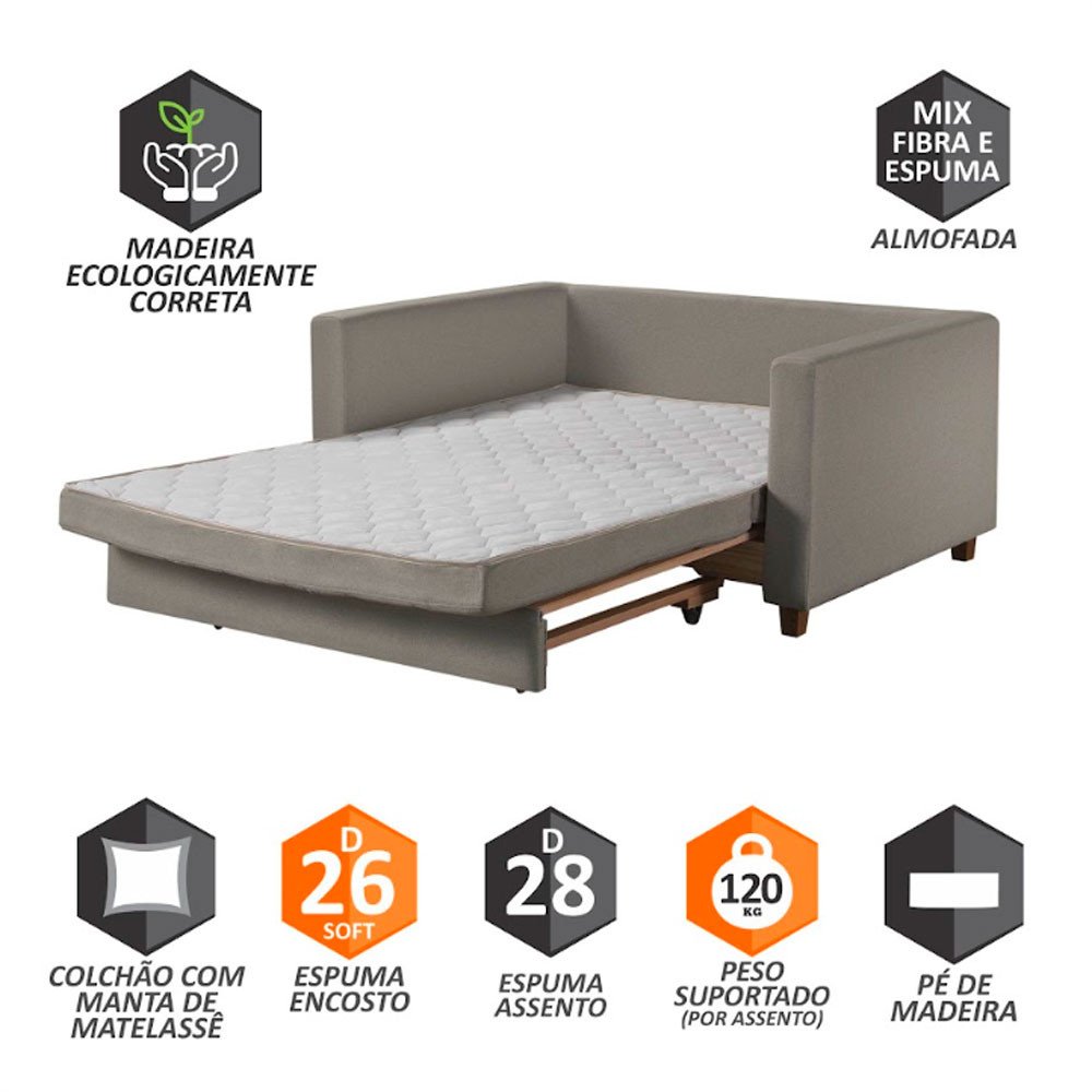 Sofa Cama Casal Marcelle 2 Lugares 150cm Linho Pe de Madeira - 5