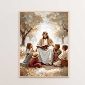Quadro Decorativo Jesus Cristo e As Crianças Rezando Orando Ensinando Evangelizando Quarto Infantil