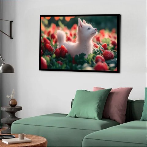 Quadro Decorativo Gato Morangos - 50x70cm:moldura Preta