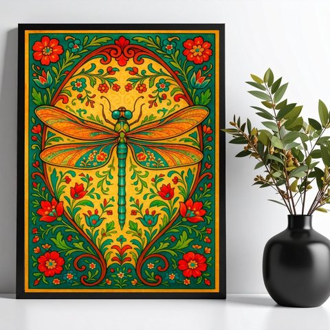Quadro Libélula Boho Floral Farm 33x24cm:moldura Preta