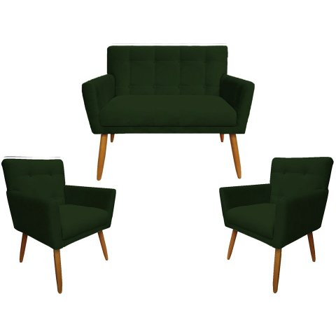 Kit Namoradeira + 2 Poltronas Decorativa Onix Suede Verde Pés Madeira Mz Decor