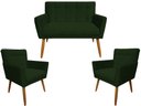 Ver imagem 1 de Kit Namoradeira + 2 Poltronas Decorativa Onix Suede Verde Pés Madeira Mz Decor