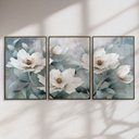 Ver imagem 1 de Quadro Decorativo Flor Branca Fundo Azul Kit 3 Quadros