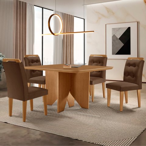 Mesa de Jantar Evora 90cm Mdf Canto Copo e com 4 Cadeiras Carol