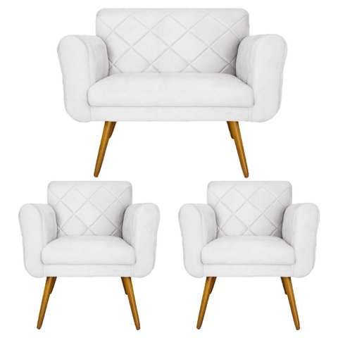 Conjunto Namoradeira e 2 Poltrona Isabella Sala de Estar Corano Branco - LM DECOR