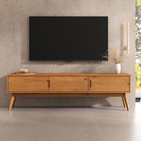 Rack para Sala Tv 75 Polegadas Pés Madeira 3 Portas 180 Cm Freijó Tivoli