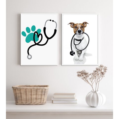 Kit 2 Quadros Decorativos Clinica Veterinária 24x18cm:madeira Branca