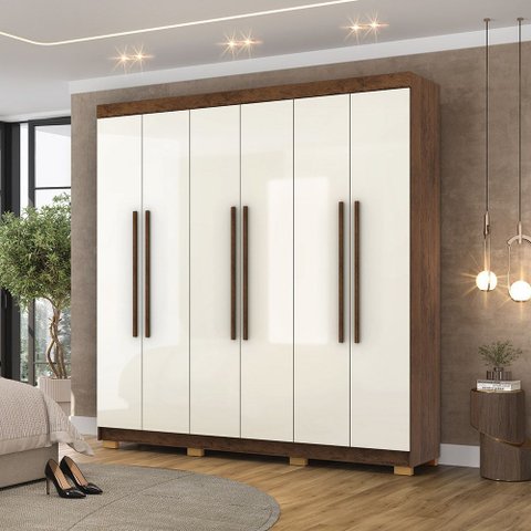 Guarda Roupa Casal Doral 218cm 6 Portas de Bater 2 Gavetas Nogueira/Offwhite G98 - Gran Belo