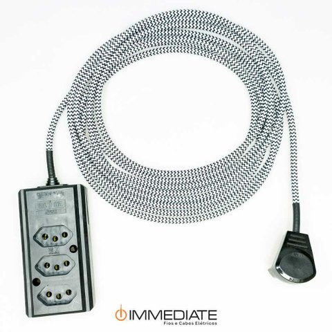 Extensão Elétrica 5 Metros Pp 2x0,75mm2 Revestido Tecido Cabos Immediate Régua de 3 Saídas