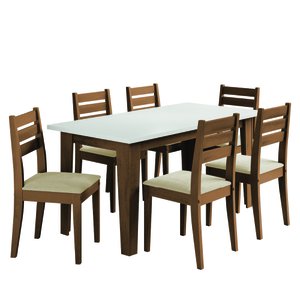 Conjunto Sala de Jantar Mesa Miami 1,60m 6 Cadeiras Dakar Cedro / Off White / Bege Dobuê