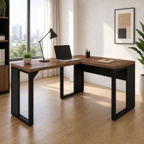 Mesa Escritório em L 120 cm X 150 cm Design Industrial F5 Office Cor:Nogal com Preto
