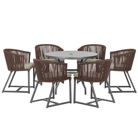 Mesa com 6 Cadeiras de Jantar Roma 120cm e Noronha em Alumínio Preto Corda Náutica Estofado 8 Trama