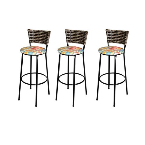 Jogo 3 Banqueta Alta Para Cozinha Ratan Cappuccino Preta Estofado Cerveja