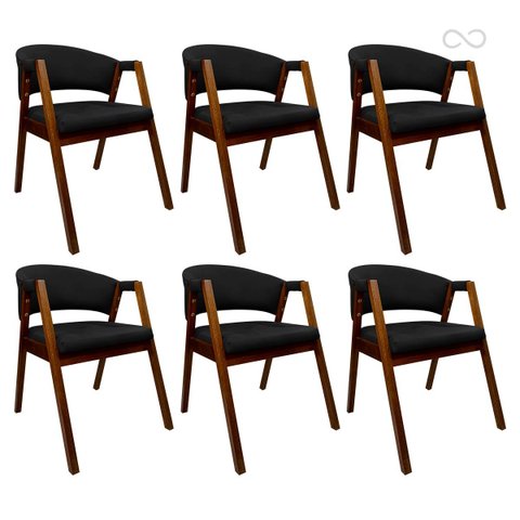 Kit 6 Cadeiras de Jantar Estofada Poltrona Ravena em Madeira Castanho Preto Ccs