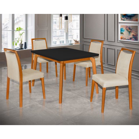 Mesa Jantar Luxo Jade 120x90cm Preto com 4 Cadeiras Estofadas Linho Bege Base Madeira Maciça Mel