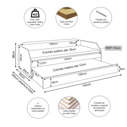 Bicama Solteiro Duo com Cama Auxiliar em Mdf Premium Amendoa - 6