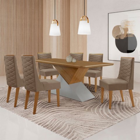 Mesa para Sala de Jantar Aster 180cm Mdf Tampo Laminado Canto Copo e 6 Cadeiras Safira