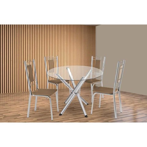 Sala de Jantar Completa Volga C/ Tampo de Vidro 95cm e 4 Cadeiras Florença Cromada - Courano