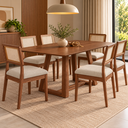 Ver imagem 1 de Conjunto Mesa de Jantar Retangular 6 Cadeiras Estofadas Encosto Tela Pinhão/Bege Rústico Dalla Costa