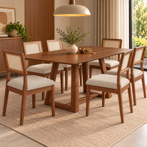 Conjunto Mesa de Jantar Retangular 6 Cadeiras Estofadas Encosto Tela Pinhão/Bege Rústico Dalla Costa