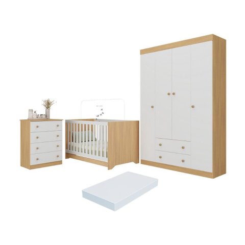 Quarto de Bebê Completo Berço Americano 3 em 1 Colchão Encanto Multimóveis Mp4601 Madeirado/