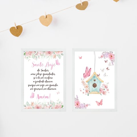 Kit 2 Quadros Infantis Menina Santo Anjo - Borboletinhas 24x18cm - com Vidro:moldura Branca