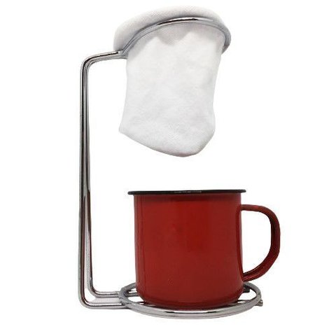 Kit Mini Coador Café Individual Aço Cromado e Caneca Esmaltada Vermelha
