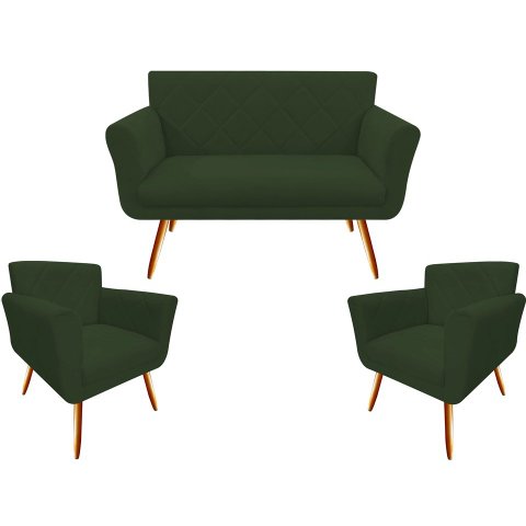 Kit Namoradeira + 2 Poltronas Decorativa Sabrina Suede Verde Pés Madeira Mz Decor