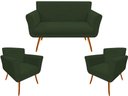 Ver imagem 1 de Kit Namoradeira + 2 Poltronas Decorativa Sabrina Suede Verde Pés Madeira Mz Decor