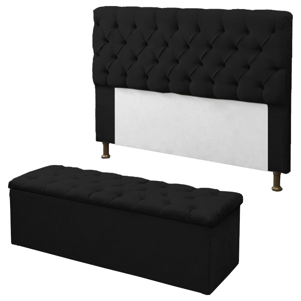 Kit Cabeceira + Calçadeira Baú Mirage Casal 140cm Suede Preto - DL Decor
