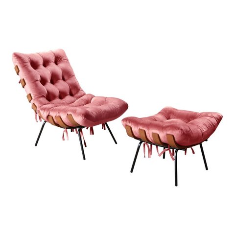 Poltrona Costela com Puff Base Fixa para Sala, Quarto - Suede Rosa