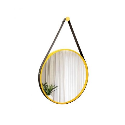 Espelho Decorativo Adnet Amarelo Alça Corino 60cm Redondo Alça Corino Preta