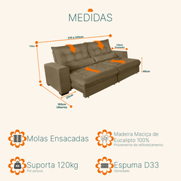 Sofá Retrátil e Reclinável 2,50m Molas Ensacadas Suede Miami - Sofá Casa - 3