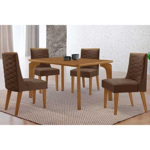 Sala de Jantar Completa Londrina C/ Tampo Madeirado Canto Curvo 120x80cm e 4 Cadeiras Dafne Naturale