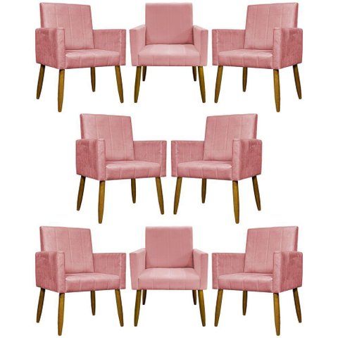 Kit 8 Poltronas Decorativas Mari Pé Palito Castanho - Rosê Suede