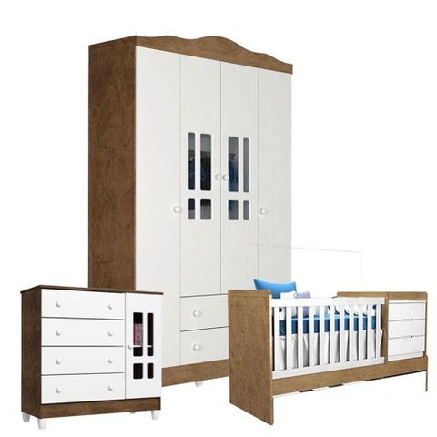 Quarto de Bebê Ariel 4 Portas com Berço Americano Multifuncional Cléo Branco Acetinado Amadeirado
