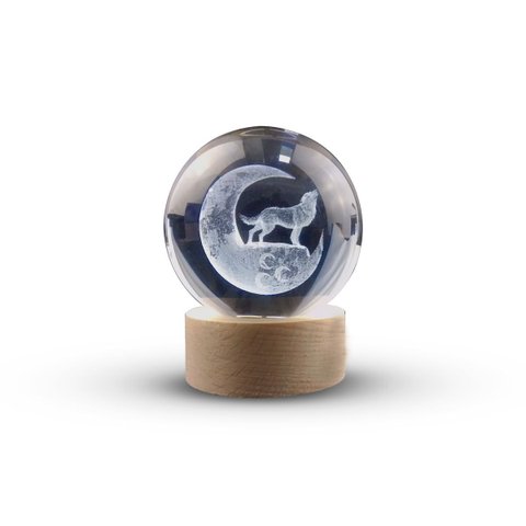 Luminária Abajur Globo Vidro Lobo Led Usb Enfeite Decorativo Esfera Vidro de 3d Base de Madeira