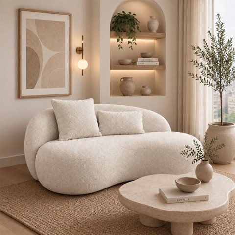 Sofá Orgânico com 2 Almofadas Valen 156cm Bouclé Off White - Sallar Home