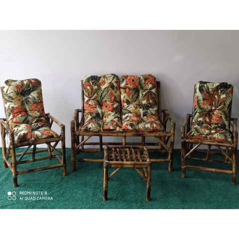Conjunto Bambu Namoradeira, 2 Cadeiras + 1 Mesa de Centro com Almofadas para Área
