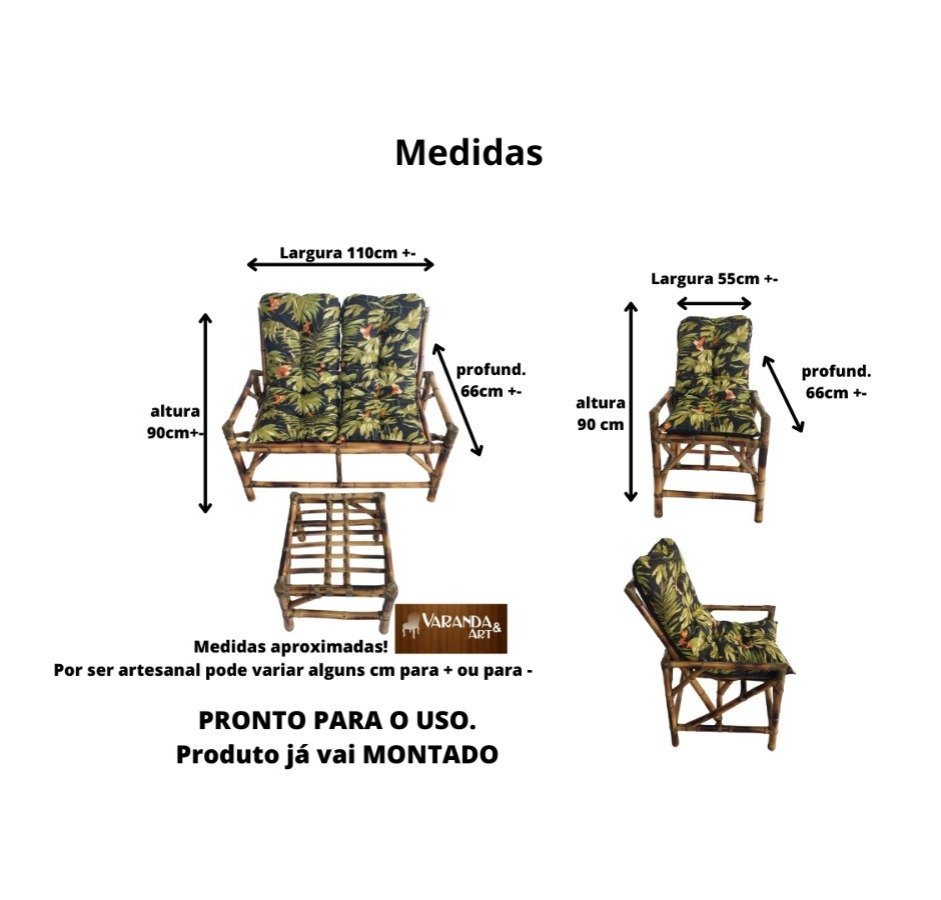 Conjunto Bambu Namoradeira, 2 Cadeiras + 1 Mesa de Centro com Almofadas para Área - 4