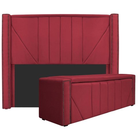 Kit Cabeceira E Calçadeira Baú King 195cm Suede Vermelho