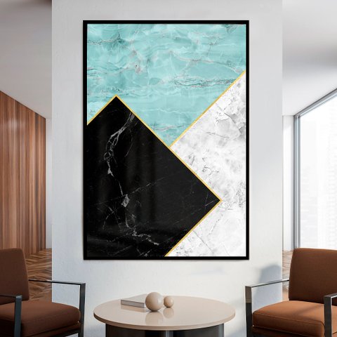 Quadro Decorativo Geométrico Mármore Azul, Preto e Branco em Moldura Caixa Tacolado Moldura Trad 1cm